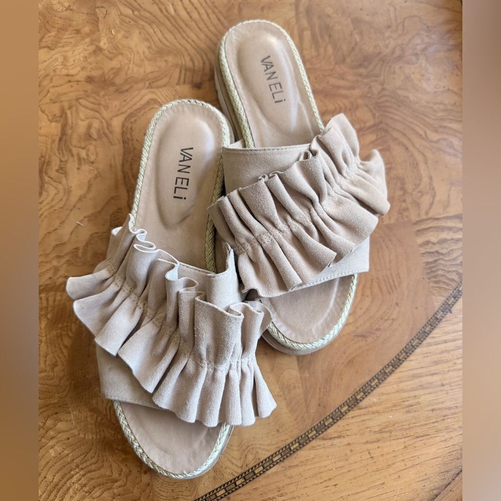 Vaneli Tan Espadrille Ruffle Slides